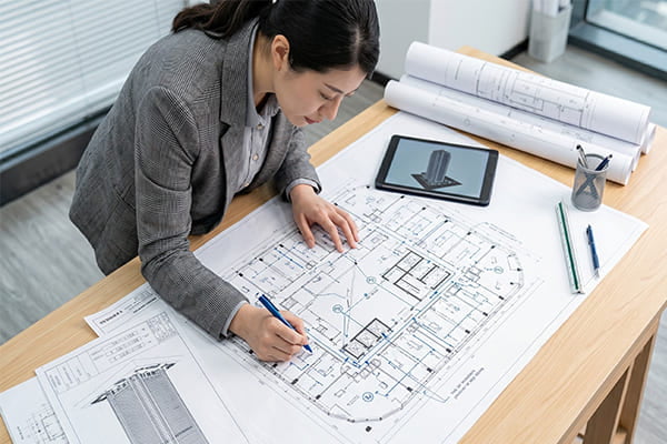 An engineer planning a lighting layout on a blueprint, showing power supply locations.